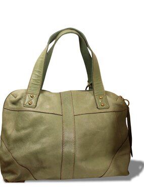 Fossil Green Leather Satchel Tote Bag Double Zip Pocket Key Charm